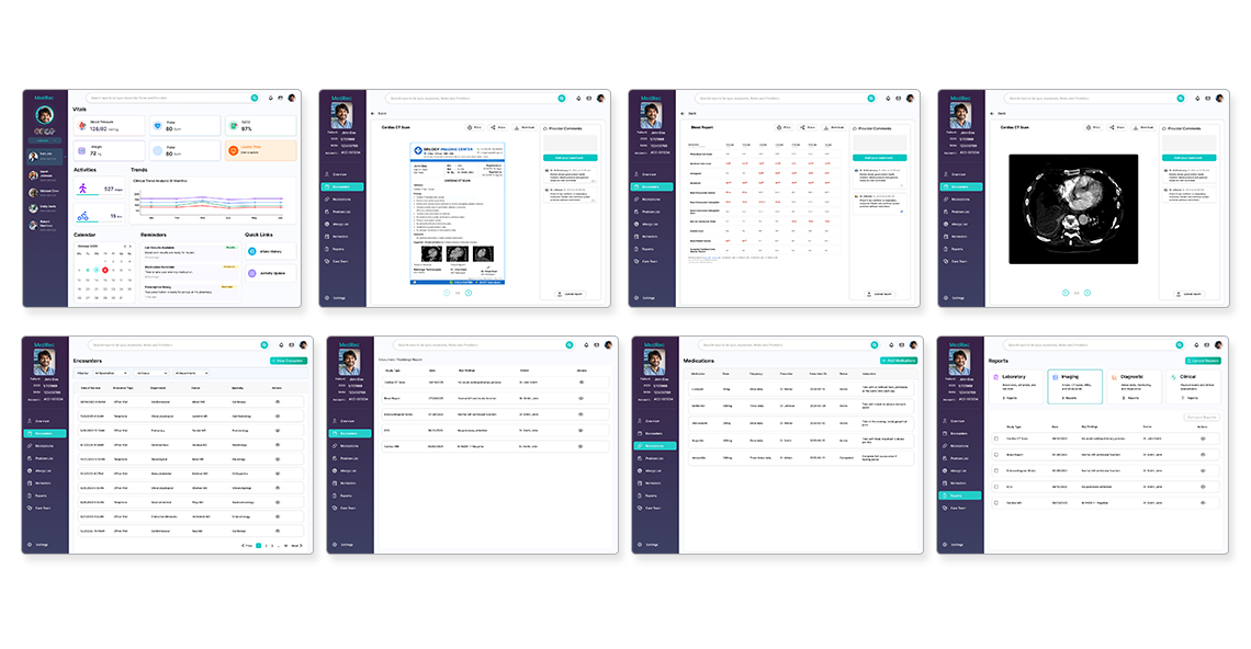 MedRec — 8 desktop screens: overview, encounter report views (CT scan, blood report), encounters list, medications, and reports module