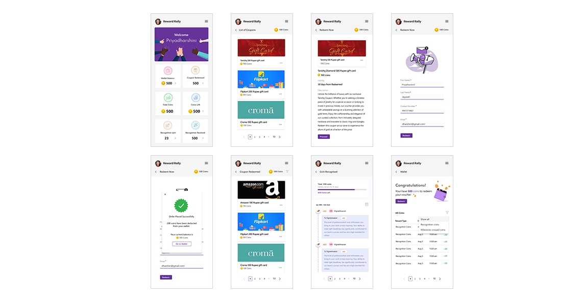 Reward Rally mobile app — 8 screens: wallet dashboard, coupons list, coupon detail, redemption form, order success, post-redemption coupons, coin recognition feed, and wallet transaction history