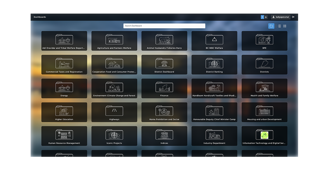 GPMD Dashboard hub — complete catalog of all 40+ Tamil Nadu government department dashboards