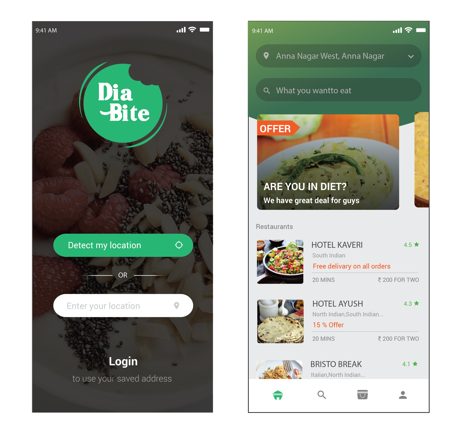 DiaBite splash and home screen — location-based restaurant discovery